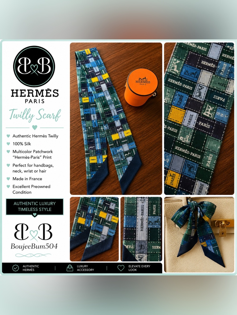 Hermes Twilly Scarf “Patchwork Hermès Paris” Blue Green Yellow | Made in France